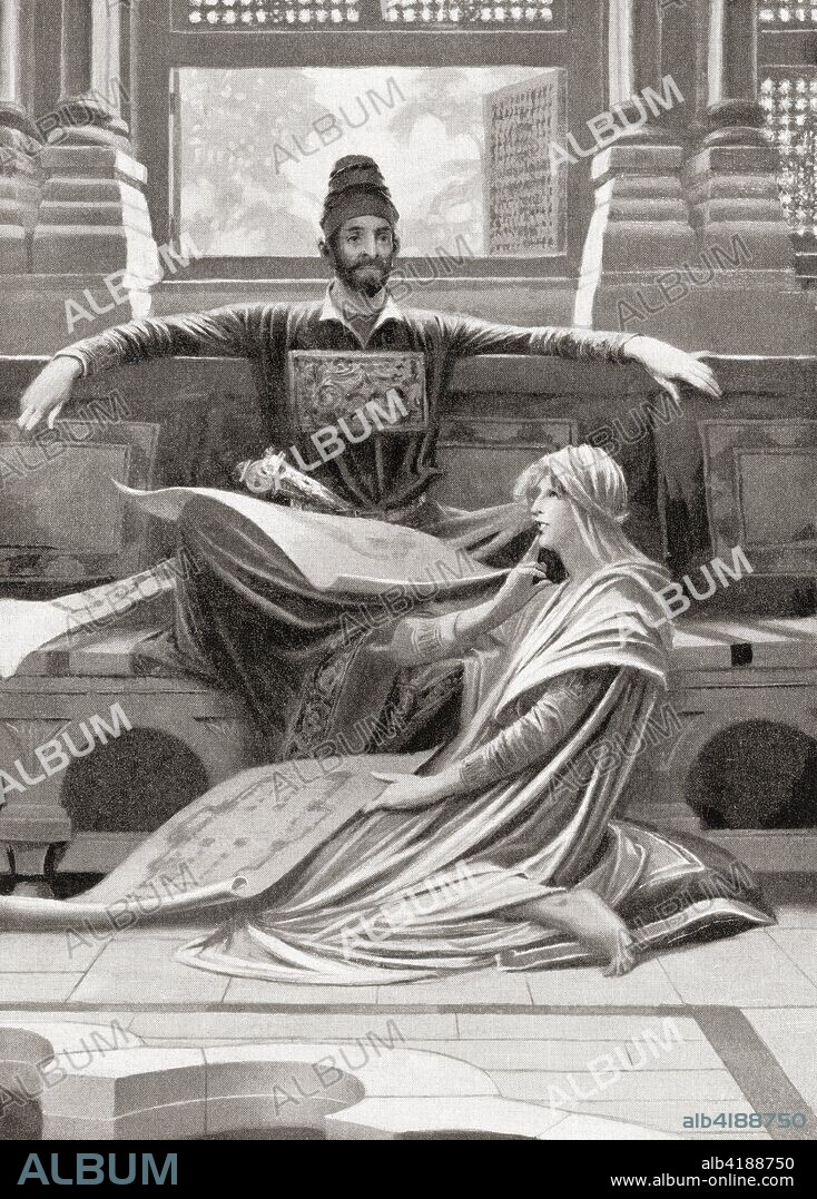 Khosrow Parviz and his wife Shirin.  Khosrow II aka Chosroes II  and Khusraw Parv?z,c. 570-628. Last great king of the Sasanian Empire. Shirin, ? - 628 AD.   From Hutchinson's History of the Nations, published 1915.