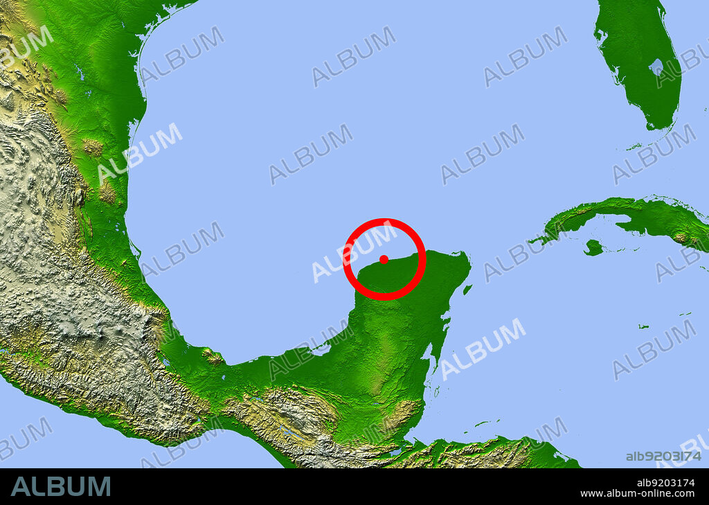 Chicxulub crater. Map showing the location of the Chicxulub impact crater (center) on the Yucatan Peninsula, Mexico. This impact may have caused the extinction of the dinosaurs and 70% of all Earth's species 65 million years ago. The four red dots represent the cities of (from left to right): Mexico City, Tempico (where material ejected from the crater has been found), Havana and Miami.