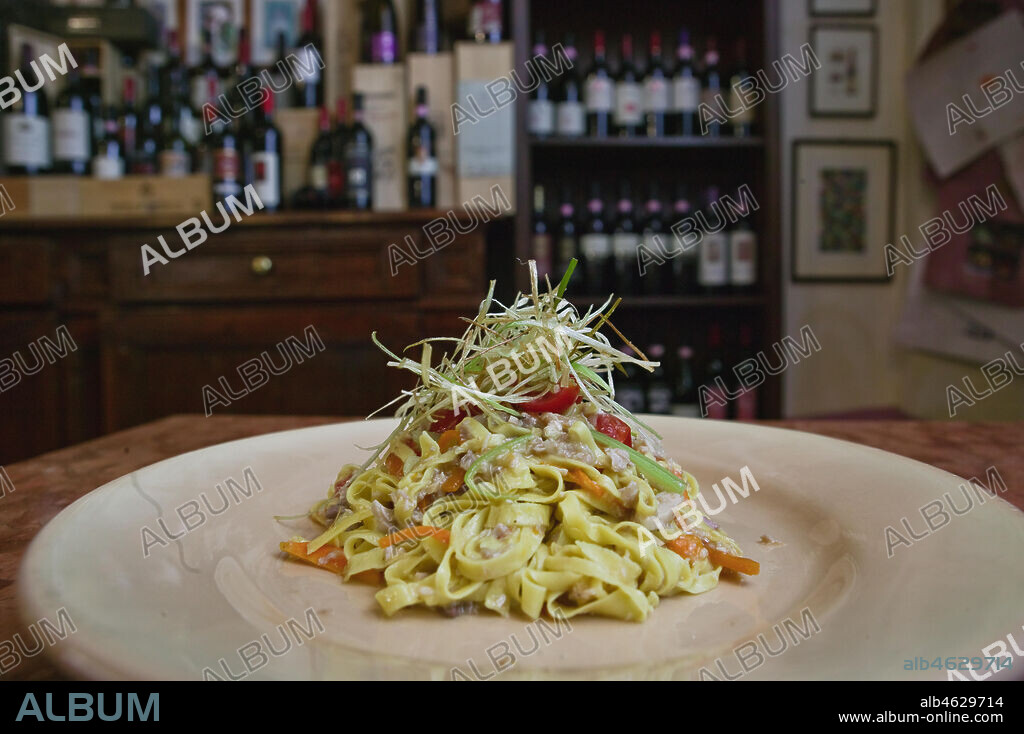 Bevagna, the "Bottega Di Piazza Onofri", wine shop and restaurant: a dish of tagliatelle (kind of pasta) seasoned with vegetables.