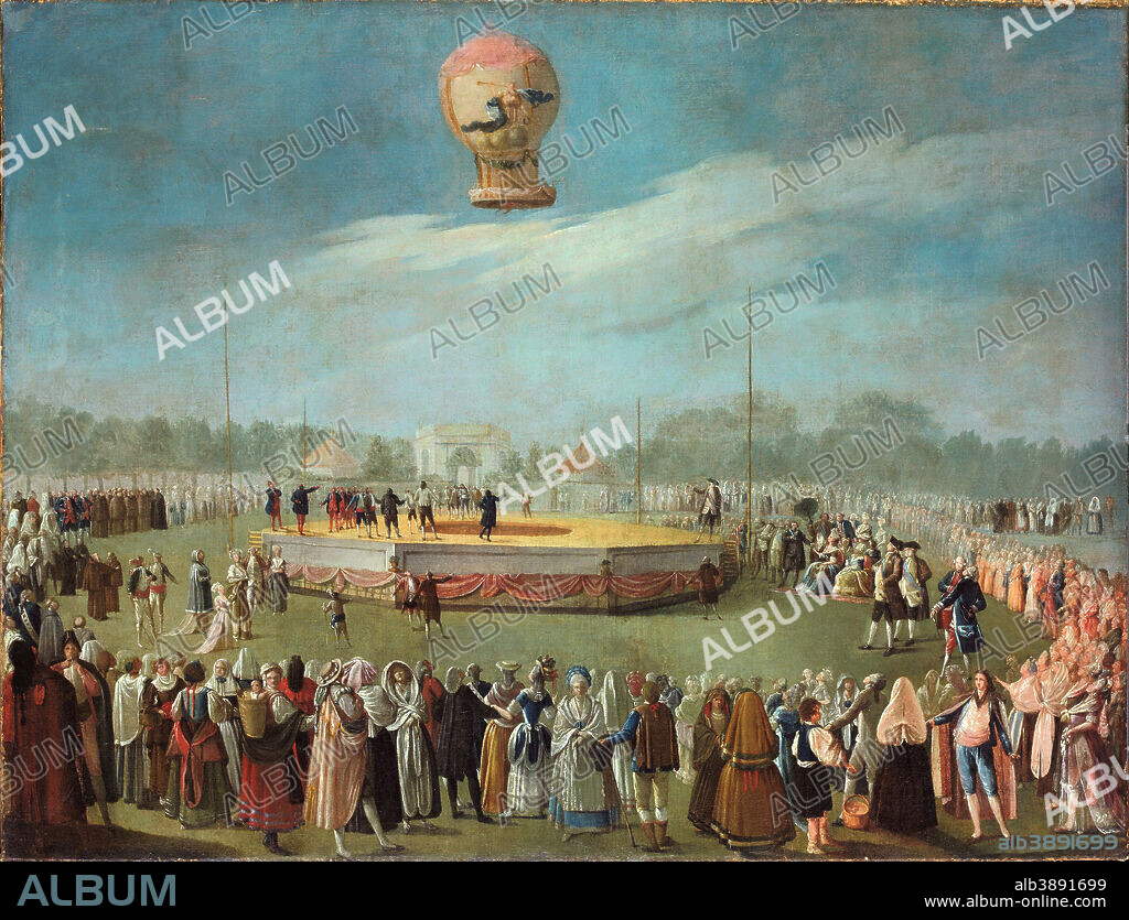 ANTONIO CARNICERO. Ascenso de un globo en presencia del rey Carlos IV y de su Corte. Date/Period: Ca. 1783. Painting. Oil on canvas. Height: 78 cm (30.7 in); Width: 102 cm (40.1 in).