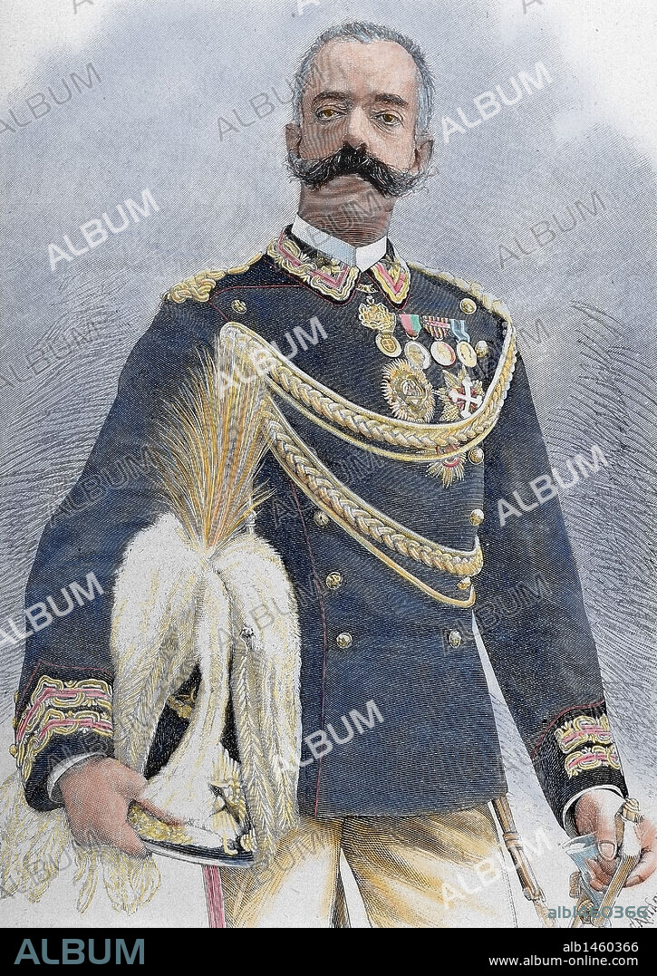 AMADEO I (Turín,1845-Turín,1890). Duque de Aosta y rey de España (1871-1873). Hijo de Víctor Manuel II de Italia, fue elegido constitucionalmente por las Cortes Españolas. Grabado coloreado.