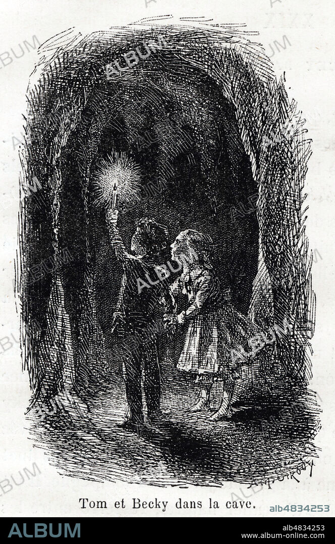 Tom Sawyer et Becky Thatcher dans la cave. Illustration de Achille SIROUY (1834-1904) pour Les aventures de Tom SAWYER de Mark TWAIN (1835-1910). Credit Collection Kharbine Tapabor.