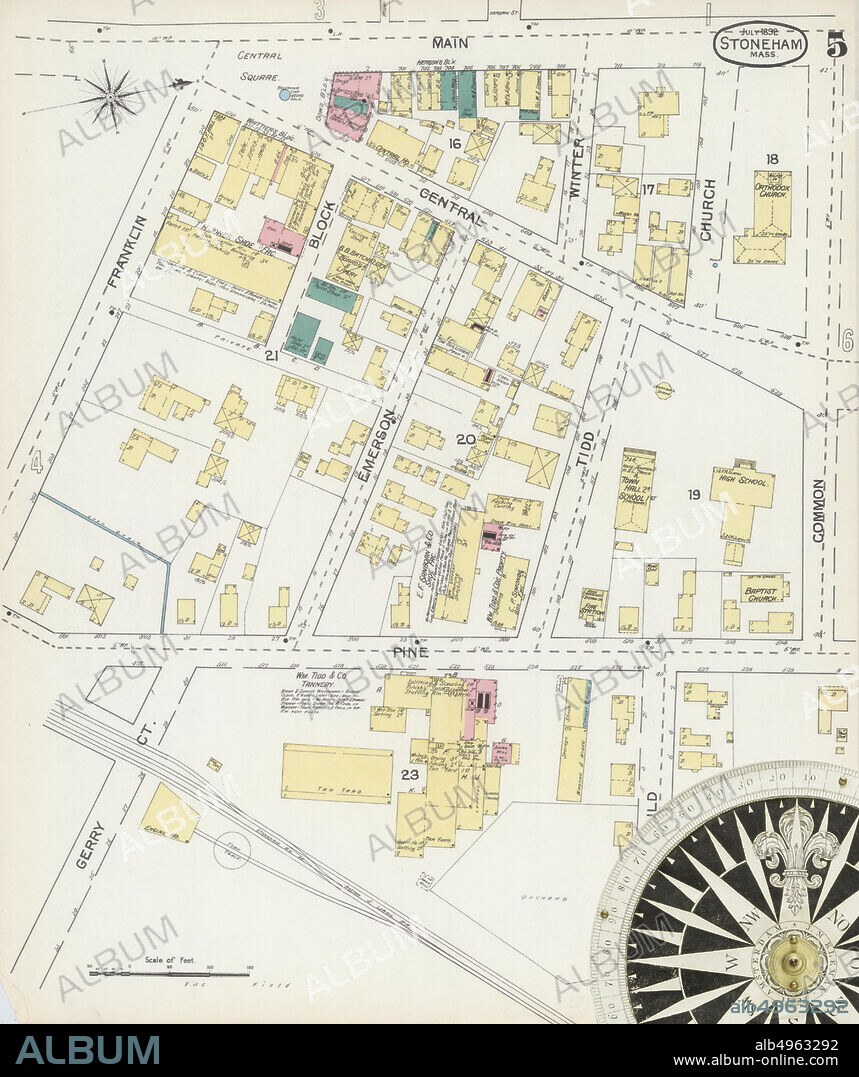 Image 5 of Sanborn Fire Insurance Map from Stoneham, Middlesex County, Massachusetts. Jul 1892. 6 Sheet(s), America, street map with a Nineteenth Century compass.
