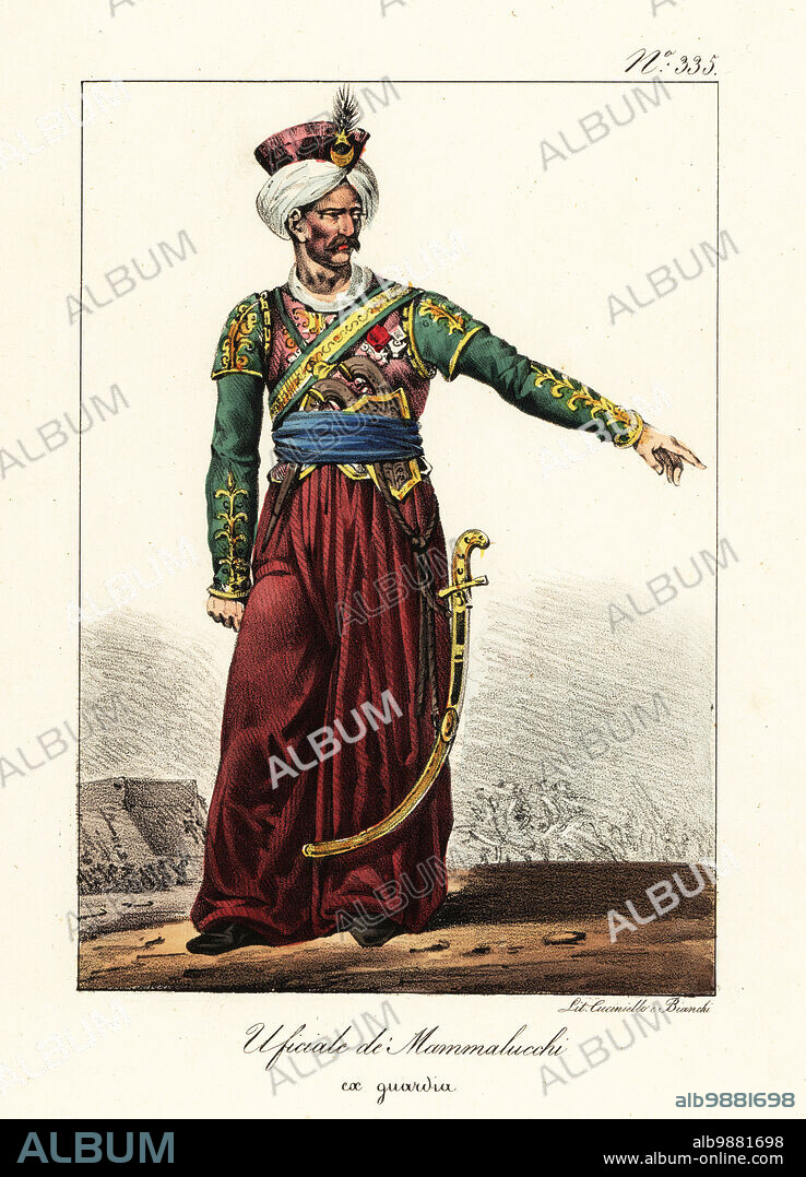 Uniform of an officer of the Mamelukes of the Imperial Guard, Napoleon's army. Red cahouk (hat) with brass crescent and star, white turban, green embroidered coat, red saroual (trousers) armed with scimitar and pistols. Officier de Mameluck's, ex-Garde. Handcoloured lithograph by Lorenzo Bianchi and Domenico Cuciniello after Hippolyte Lecomte from Costumi civili e militari della monarchia francese dal 1200 al 1820, Naples, 1825. Italian edition of Lecomtes Civilian and military costumes of the French monarchy from 1200 to 1820.