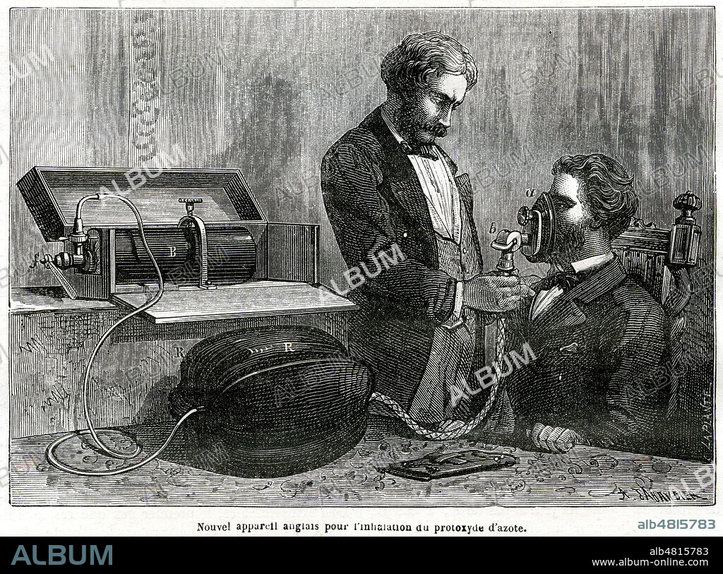 'Nouvel appareil anglais pour l'inhalation du protoxyde d'azote' ou gaz hilarant. Illustration tiree de la revue La Nature du 10 janvier 1874. Credit : Collection KHARBINE-TAPABOR.