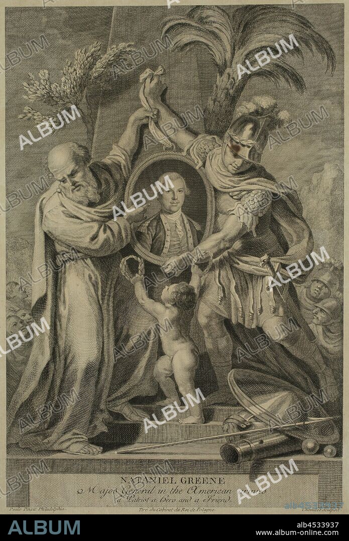 Juste Chevillet, French, 1729-1790, after Charles Willson Peale, American, 1741-1827, Nathaniel Green, 18th century, engraving printed in black ink on wove? paper, mounted on paperboard, Plate: 12 7/8 × 8 7/8 inches (32.7 × 22.5 cm).