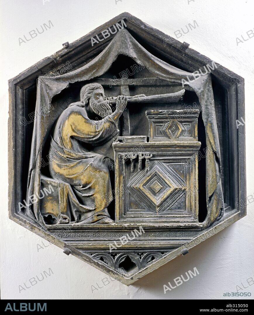 ANDREA PISANO. Music with man playing horn or trumpet, Bas relief.