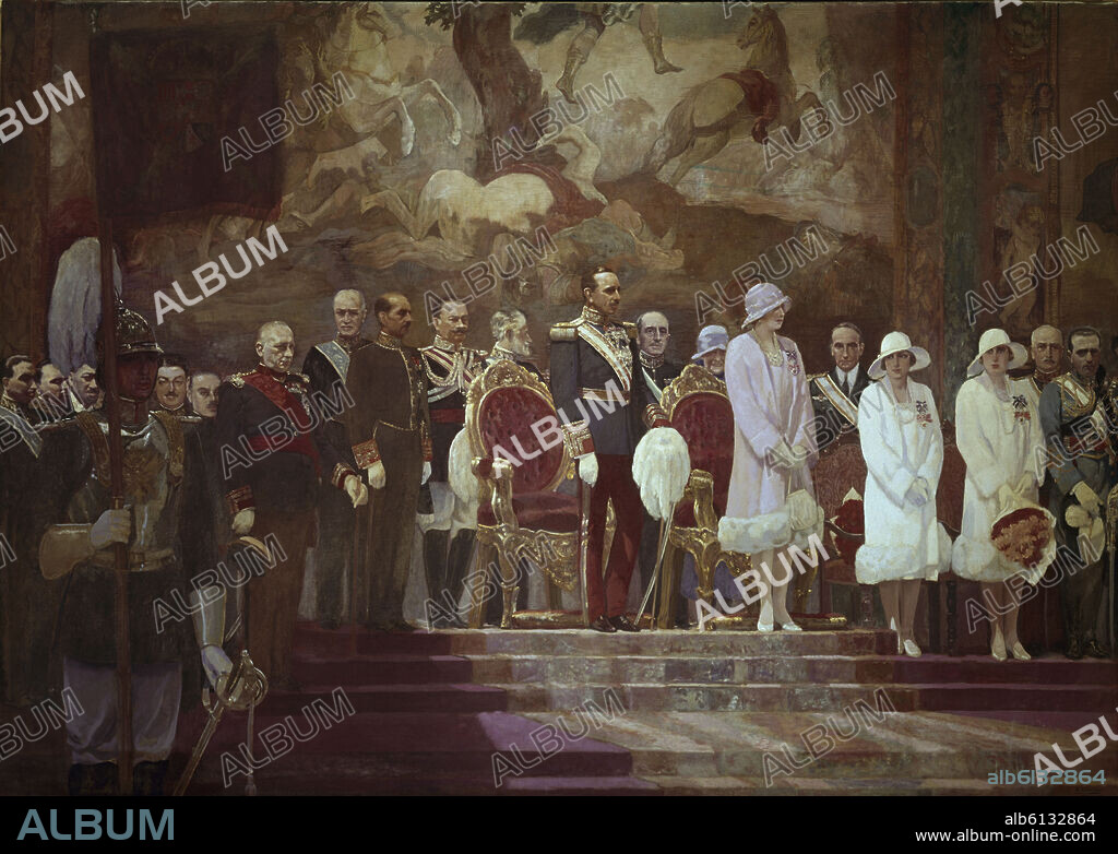 ALFONSO GROSSO SÁNCHEZ. LOS REYES ALFONSO XIII Y VICTORIA EUGENIA INAUGURAN LA EXPOSICION IBEROAMERICANA DE SEVILLA CELEBRADA EN 1929 - O/L - SIGLO XX.