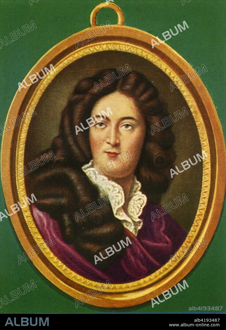'Jean Racine', (1933). Portrait of French poet and dramatist Jean Racine (1639-1699), one of the big three of 17th century France (along with Molière and Corneille). Racine was primarily a tragedian, though he did write one comedy. After a painting by Nicolas de Largilliere. From "Gestalten Der Weltgeschichte", a book of cigarette-card portrait miniatures of figures in world history from the last four hundred years. [Germany, 1933].