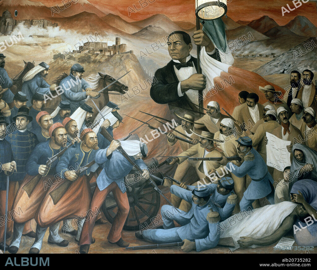 ANTONIO GONZALEZ OROZCO (1933-2020). JUAREZ SIMBOLO DE LA REPUBLICA CONTRA LA INTERVENCION FRANCESA - 1972 - ACRILICO/MADERA FORRADA DE LONA - 5,86 x 4,37 m.