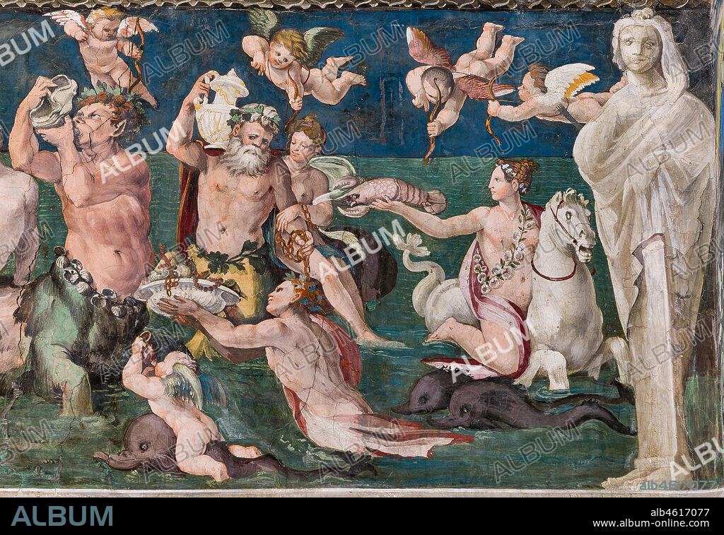 Rome, Villa Farnesina, The Hall of Perspectives: the ample frieze with mythological scenes inspired by the Ovid Metamorphoses. Frescoes by Baldassarre Peruzzi and workshop (1517-18). Detail of "Triumph of Venus", marine scene with dolpnins and cupids. Venus is surrounded by nymphs and tritons, all paying tribute to the goddess of love, offering corals, shellfish and crustaceans.