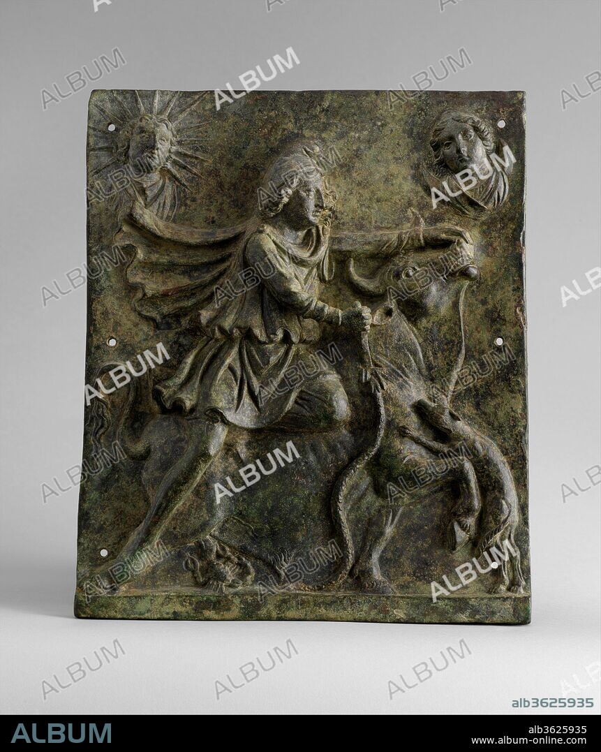Bronze plaque of Mithras slaying the bull. Culture: Roman. Dimensions: Overall: 14 x 11 5/8 x 1 3/4 in. (35.6 x 29.5 x 4.4 cm). Date: mid-2nd-early 3rd century A.D..
The cult of Mithras was very popular throughout the Roman Empire and was followed especially by soldiers. It was one of several eastern cults that spread rapidly as a result of the pax Romana (Roman peace); others included the worship of Jupiter Dolichenus, Manichaeism and, of course, Christianity. Shrines dedicated to Mithras have been found at sites as far apart as Hadrian's Wall in northern Britain and Dura Europos on the River Euphrates in Syria. This plaque may well have decorated the wall of such a Mithraeum (place of worship). Busts of Sol (the Sun) and Luna (the Moon) watch over the ritual scene of Mithras slaying the bull, aided by a dog, snake, and scorpion.