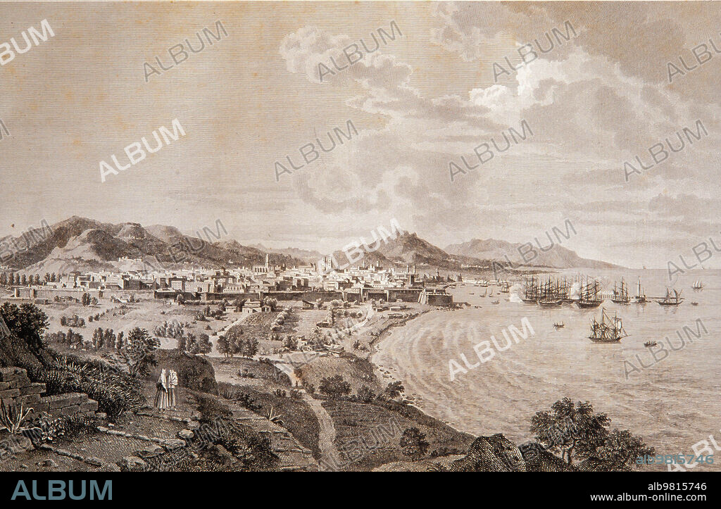 Alexandre de Laborde / Puerto de Barcelona, del libro de viaje "Voyage pittoresque et historique de l'Espagne", siglo XIX. M.H.C.B.