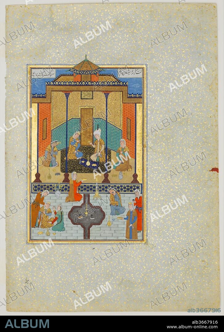 "Bahram Gur in the Sandal Palace on Thursday", Folio 230 from a Khamsa (Quintet) of Nizami. Artist: Painting by Shaikh Zada. Author: Nizami (Ilyas Abu Muhammad Nizam al-Din of Ganja) (probably 1141-1217). Calligrapher: Sultan Muhammad Nur (ca. 1472-ca. 1536). Dimensions: Painting: H. 7 13/16 in. (19.8 cm)
 W. 4 5/8 in. (11.7 cm)
Page: H. 12 5/8 in. (32.1 cm)
 W. 8 3/4 in. (22.2 cm)
Mat: H. 19 1/4 in. (48.9 cm)
 W. 14 1/4 in. (36.2 cm). Date: A.H. 931/A.D. 1524-25.
The Haft Paikar (Seven Portraits) is one of the five poems of the Khamsa of Nizami.  The poetry is mystical, illustrating the supremacy of divine love over earthly pleasures.  In the story, Bahram Gur marries seven princesses from the seven regions of the world and visits each one in her own pavilion on successive nights.  The various elements of this scene are all shown in the perspective that makes them the most easily intelligible.  The foreground appears tipped up to emphasize the shape of the fountain, which was painted in silver that has since oxidized, and the polygonal cap dome is shown from a different angle than that of the flat roof on which it sits.  Although this manuscript was completed in the early Safavid period, it displays a continuity with the painting styles of Timurid Herat.  The artist, Shaikh Zada, was a pupil of the master painter Bihzad.
