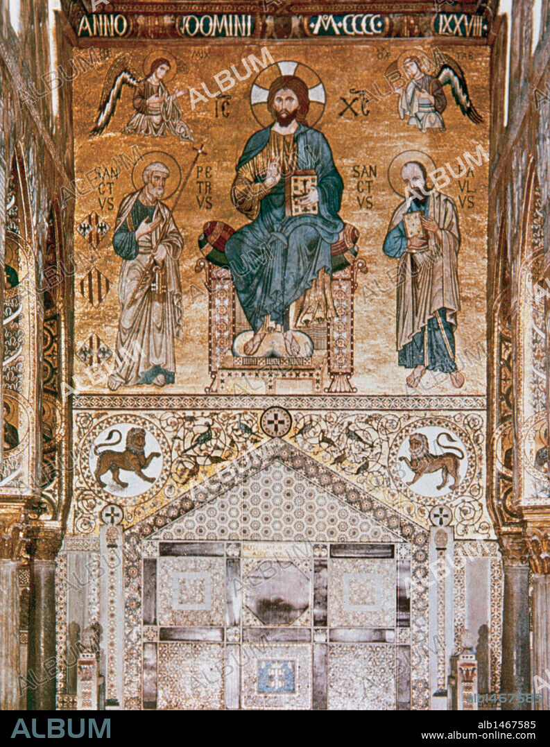 ARTE BIZANTINO. ITALIA. PALACIO DE LOS NORMANDOS (PALACIO REAL). Edificio de época árabe ampliado por los reyes normandos en el S. XII. Detalle de uno de los mosaicos de estilo bizantino de la CAPILLA PALATINA (construída en 1140), con la representación del TRONO REAL. Palermo. Sicilia.