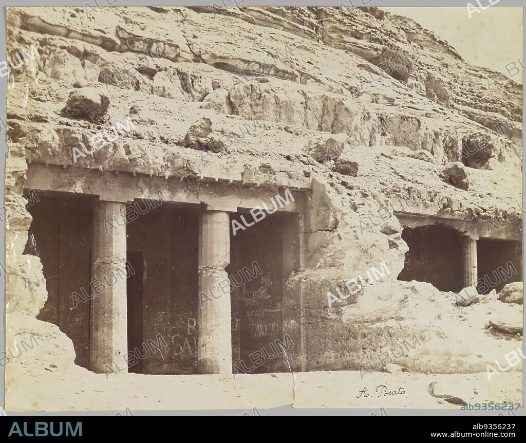 Tombs at Beni Hasan, View of the façade of the tombs of Khnum-hotep [no. 3] and Beni Hasan [no. 4], Albumen silver photograph, late 19th century, 19th Century, Albumen Silver Photograph, Antonio Beato, Architecture, Beni Hasan, Black and White, Egypt, Fluted Columns, Middle Kingdom, Rock Cut, Tomb of Khnumhotep, Tombs.