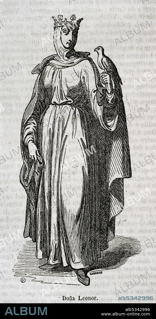 CODERCH. SPANISH ARTIST,19TH CENTURY. Leonor de Plantagenet o Leonor de Inglaterra (1160-1214). Hija del rey Enrique II de Inglaterra. Reina consorte y regente de Castilla. Mujer de Alfonso VIII de Castilla. Grabado por Coderch. Historia General de España por el Padre Mariana. Madrid, 1852.