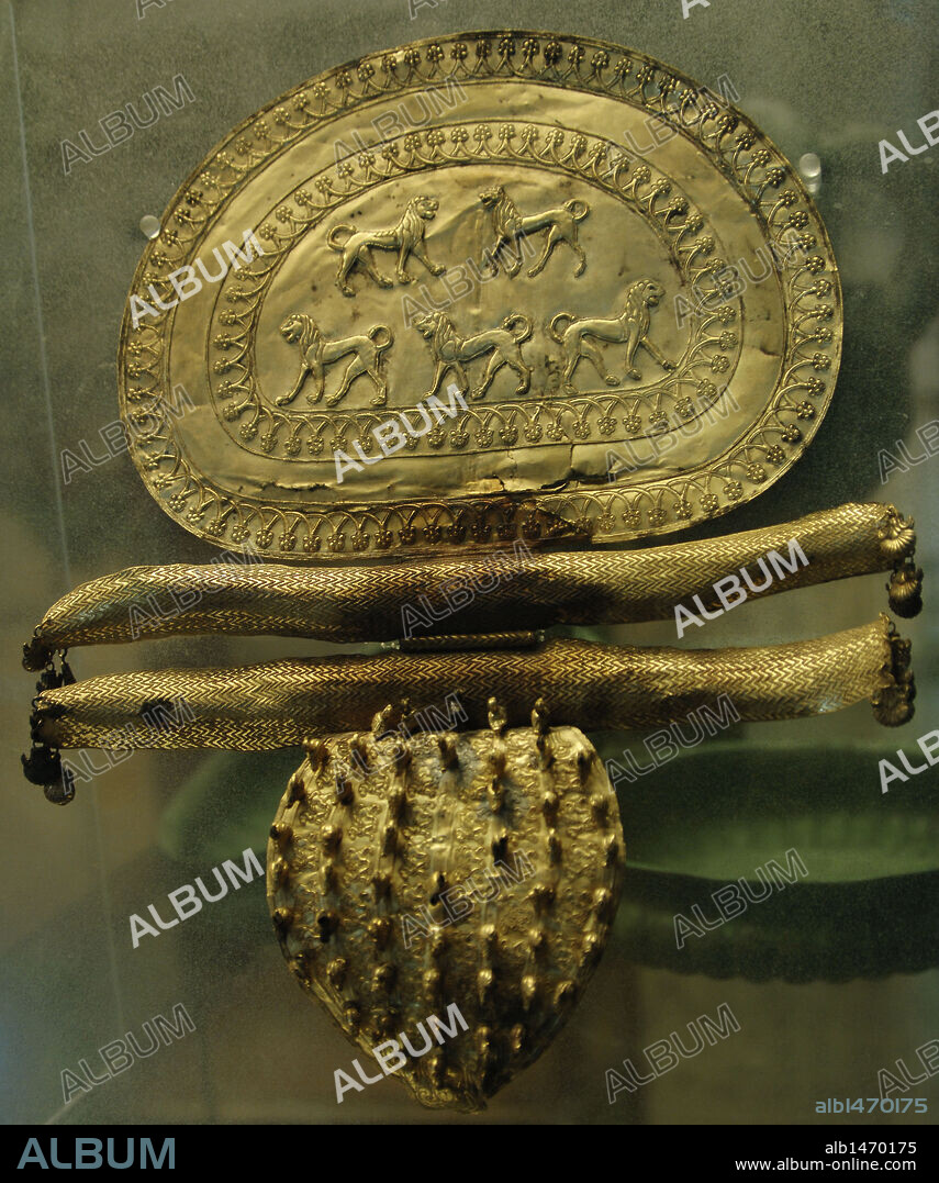 Etruscan Art. Italy. Great gold fibula decorated with lions. It comes from Regolini-Galassi tomb. Necropolis of Sorbo. 7th century B.C. Gregorian Etruscan Museum. Vatican Museums. Vatican City.