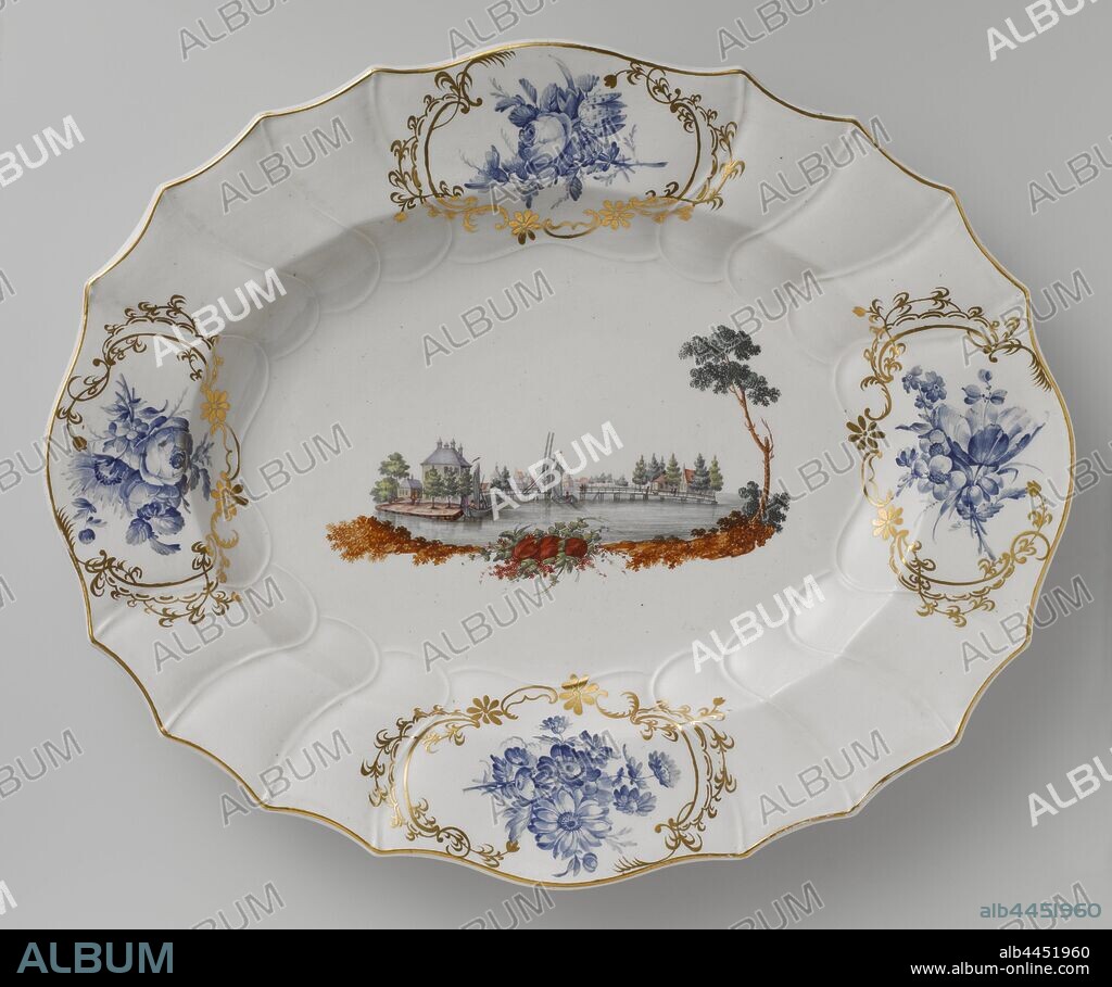 Tureen and stand Dish of a tureen with a cityscape and bouquets, Oval dish of a terrine of soft-paste porcelain (pâte tendre) with a scalloped edge, painted on the enamel colors and gold. On the flat a cityscape on Uithoorn. The edge, continuous on the wall, is lightly modeled in three narrow and one wide twisted section. A rocaille cartouche with bouquets in the four broad compartments. Gold border. Marked on the bottom with the stork [?]., Doornik, c. 1778, porcelain (material), soft-paste porcelain, glaze, gold (metal), vitrification.