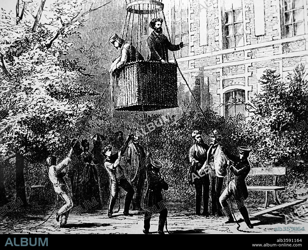 Engraving depicting Nicolas Camille Flammarion ascending in a balloon. Nicolas Camille Flammarion (1842-1925) a French astronomer and author. Dated 19th Century.