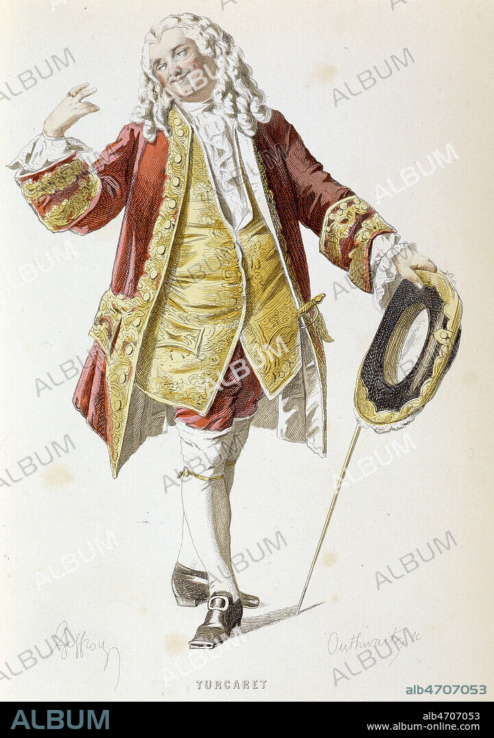 Personnages de theatre dans des oeuvres du 18eme siecle : TURCARET dans Turcaret de LESAGE (1668-1747) Caricature, Satire du bourgeois enrichi grace a l'agiotage premier representation en 1709. Illustration de Edmond GEFFROY (1804-1895) pour Chefs d'oeuvres dramatiques du XVIIIeme siecle par Jules Janin, 1872. Credit Collection VAV/Kharbine Tapabor.