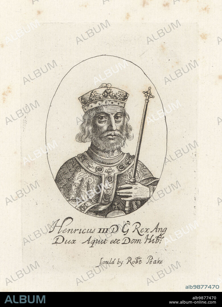 Henry III, Henry of Winchester, King of England, Lord of Ireland, and Duke of Aquitaine, 1207-1272. In crown and richly embroidered mantle, holding orb and sceptre. King Henry III of England. Henricus III, DG Rex Ang Dux Aqui. et Dom Hib. From William Faithorne's set of Kings, sold by Robert Peake. Copperplate engraving from Samuel Woodburns Gallery of Rare Portraits Consisting of Original Plates, George Jones, 102 St Martins Lane, London, 1816.