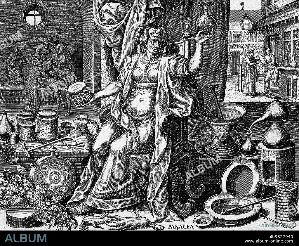 Panacea, daughter of the Greek god of medicine Asclepius, examining a urine flask while surrounded by medical paraphernalia. Engraving by Philippe Galle (1537-1612). In the background are two scenes which symbolize two subjects complementary to medicine. The first is surgery, represented as an anatomical dissection, and the second is pharmacy, represented by physician presenting a pharmacist with a recipe outside his shop.