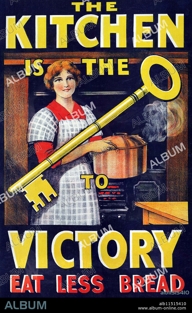UNKNOWN. The Kitchen is the Key to Victory, Eat Less Bread.  a three-quarter length depiction of a woman, standing in front of a kitchen stove, holding a large copper pan in both hands. The oversize depiction of a key is superimposed across this image. Also marked, F.C. No.22. (Food Controller Poster No.22) Hazell, Watson and Viney Ld. Litho, London.