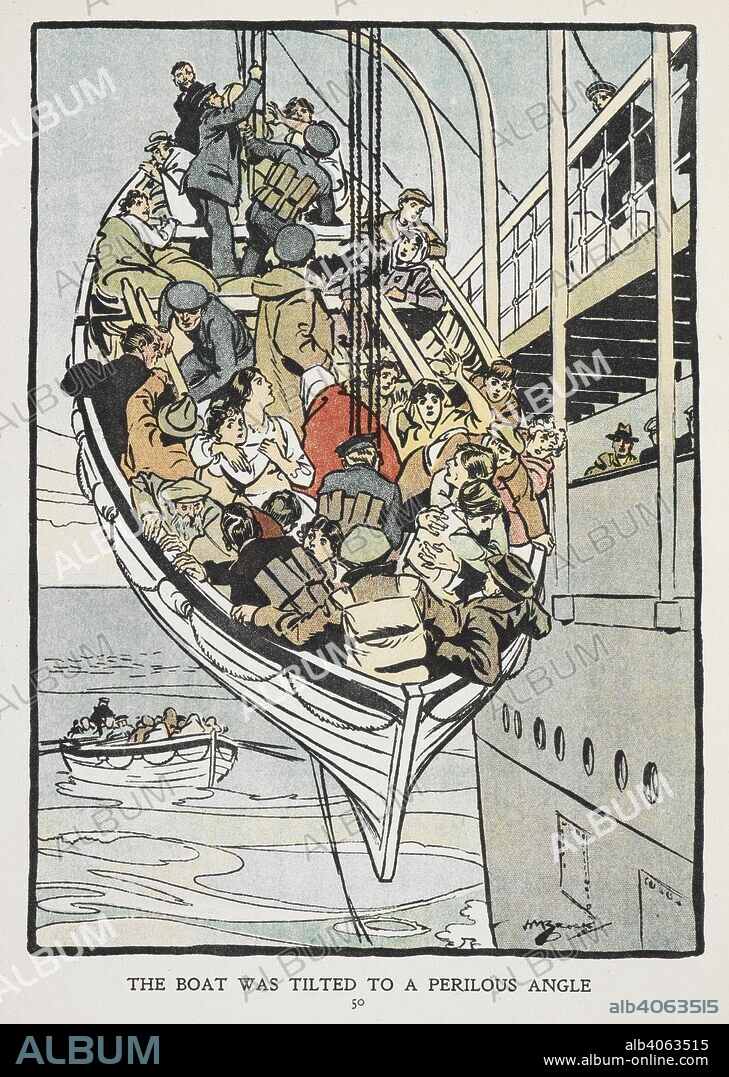 JOHN LEA. 'The boat was tilted to a perilous angle'. Picture of a lifeboat containing passengers of the R.M.S. Hesperian, which was torpedoed on the 4th September 1915 off Fastnet by the German submarine U.20, the same U-boat that sank the Lusitania. On 6th September she sank 130 miles west of Queenstown (Cobh) after unsuccessful attempts to tow her to port. Thirty-two people were lost. Brave Boys and Girls in Wartime. True stories. London : Blackie & Son, [1918]. First World War. Source: 12802.dd.8 page 50.