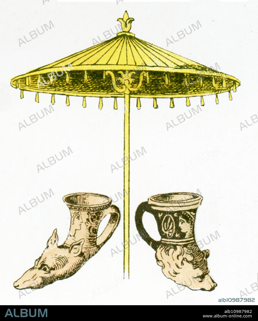 The illustration here shows ancient Greek artifacts. They are two rhytons and one parasol.The illustration dates to 1882.