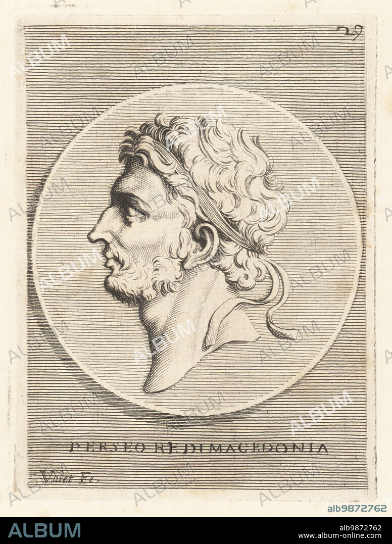 Perseus, last king (Basileus) of the Antigonid dynasty in Macedon, c. 212-166 BC. Head of young bearded man wearing royal diadem from a silver coin in the Museum of Francesco Angeloni. Perseo, Re di Macedonia. Copperplate engraving by Guillaume Vallet after Giovanni Angelo Canini from Iconografia, cioe disegni d'imagini de famosissimi monarchi, regi, filososi, poeti ed oratori dell' Antichita, Drawings of images of famous monarchs, kings, philosophers, poets and orators of Antiquity, Ignatio deLazari, Rome, 1699.