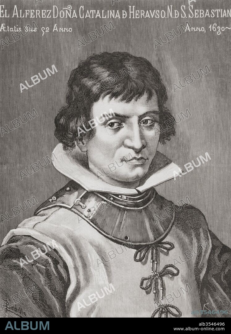 Catalina de Erauso or Katalina Erauso, also known in Spanish as La Monja Alférez, The Nun Lieutenant, 1592—1650. Historical figure of the Basque Country, Spain and Spanish America in the first half of the 17th century. After the portrait by Francisco Pacheco. From La Ilustracion Española y Americana, published 1892.