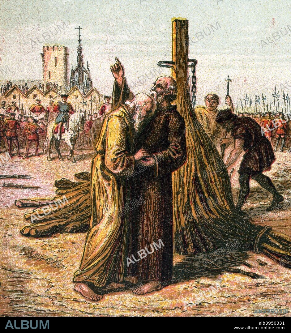 'Death of Ridley and Latimer', 1555, (c1850). Protestant bishops Ridley and Latimer were both executed on October 17th, 1555. Colour plate from Pictures of English History, published by George Routledge & Sons, (London, New York, c1850).