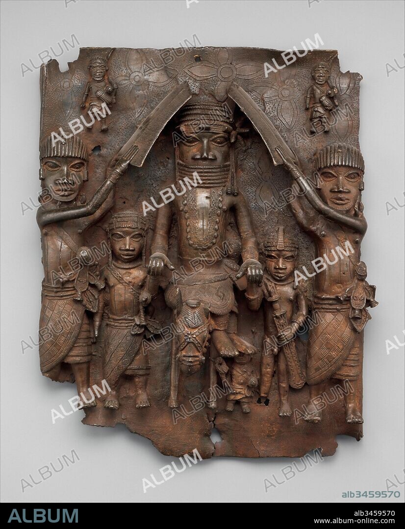 Plaque: Equestrian Oba and Attendants, 1550–1680, Nigeria, Court of Benin, Edo peoples, Brass, H. 19 7/16 x W. 16 1/2 x D. 4 1/2 in. (49.5 x 41.9 x 11.4 cm), Metal-Sculpture, Over the course of the sixteenth and seventeenth centuries a remarkable series of some 900 rectangular brass plaques were cast in relief at the Court of Benin by a guild of brass casters for display across at the facade of the royal palace.