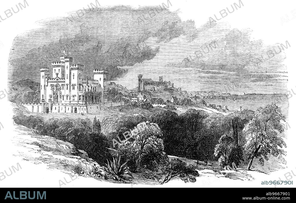 The Chateau Ste. Ursule, Cannes, 1857. 'We have now to record a recent architectural addition to this favoured locality, in a handsome Gothic castle, which has passed, by purchase, into the possession of Lord Londesborough. The Chateau...stands in a position at once commanding and picturesque. The site, no doubt, was chosen with this object, and the selection has been a happy one; for it is surrounded by some of the most beautiful and varied scenery in Europe...Upon the rising ground, eastward of the Castle, may be seen the ruins of a Moorish tower and the Roman Catholic Church. Immediately behind, to the eastward, and upon the lower ground, is the town of Cannes...The Chateau Ste. Ursule, the Chateau la Bouche, and the Protestant Church, were erected from the designs and under the superintendence of Mr. Thomas Smith, of Hertford, and Hart-street, Bloomsbury'. From "Illustrated London News", 1857.