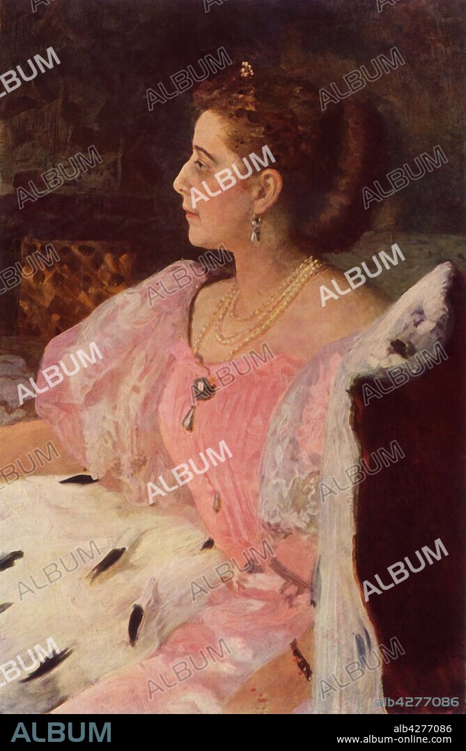 IL'YA REPIN. 'Portrait of Mme Golovina', 1896, (1965). Russian aristocrat Countess Natalia Golovina. Painting in the State Russian Museum, St Petersburg. From "Russian Painting of the 18th and 19th Centuries" by Vladimir Fiala. [Artia, Czechoslovakia, 1965].