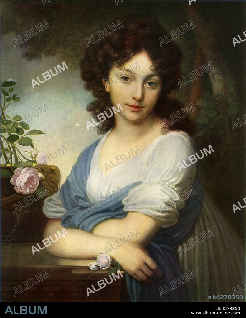 VLADIMIR BOROVIKOVSKY. 'Portrait of Yelena Alexandrovna Naryshkina', 1799, (1965). Russian noblewoman and maid of honour Elena Aleksandrovna Naryshkina, Serene Princess of Italy, Countess Suvorov-Rymniksky (1785-1855), painted at the age of about 14. Painting in the State Tretyakov Gallery, Moscow. From "Russian Painting of the 18th and 19th Centuries" by Vladimir Fiala. [Artia, Czechoslovakia, 1965].