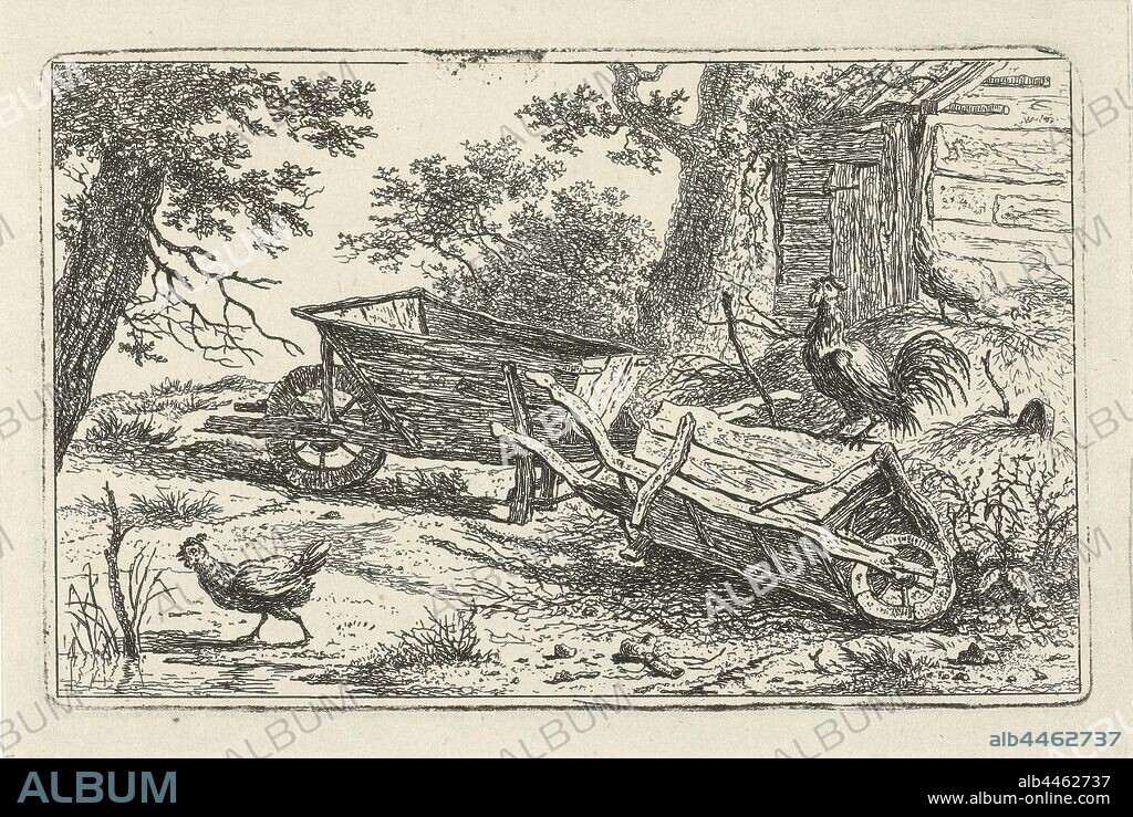 Two wheelbarrows, A view of two wheelbarrows, two chickens and a rooster, by a shed. The rooster is standing on the fallen wheelbarrow, wheelbarrow, Hermanus Fock, Amsterdam, 1781 - 1822, paper, etching, h 102 mm × w 162 mm.