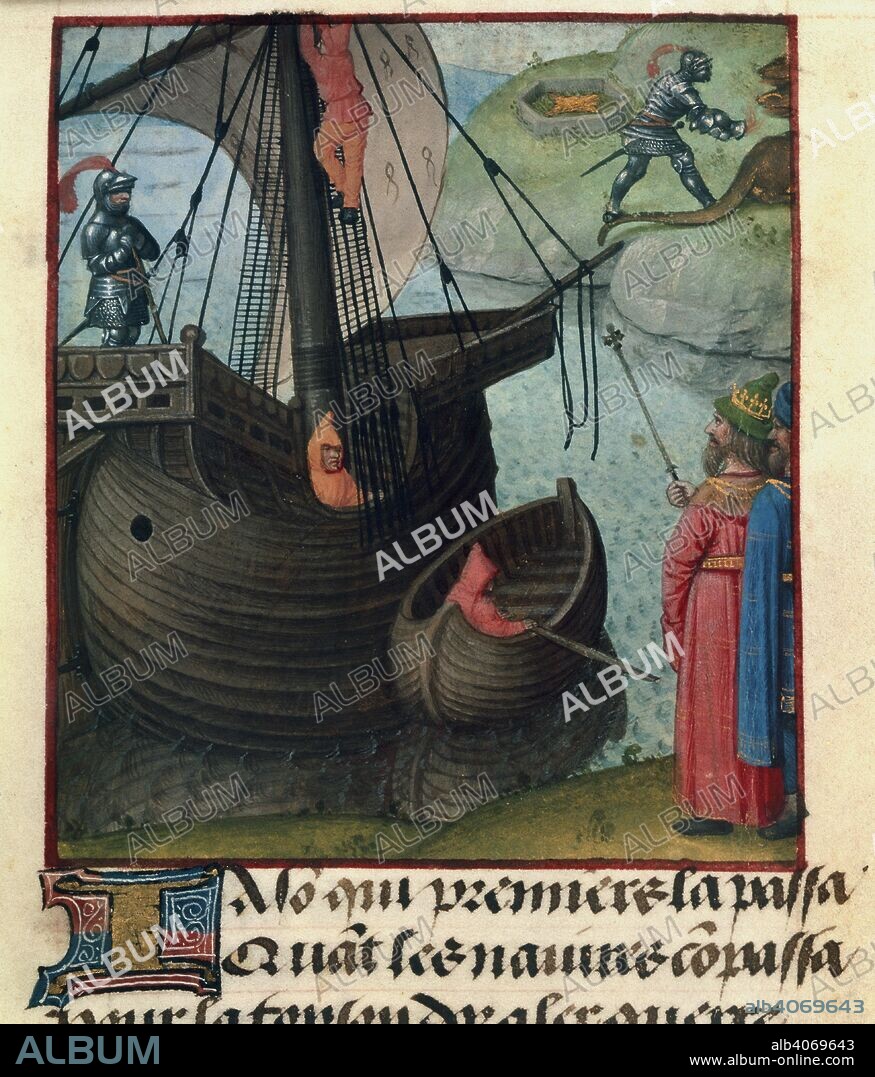 GUILLAUME DE LORRIS, JEAN DE MEUN and MASTER OF THE PRAYER BOOKS. Jason and the Argo. Roman de la Rose. S. Netherlands (Bruges), circa 1490-1500. (Miniature only) : Jason takes the Golden Fleece; his ship the Argo in foreground with spectators  Image taken from Roman de la Rose.  Originally published/produced in S. Netherlands (Bruges), circa 1490-1500. . Source: Harley 4425, f.86. Language: French.