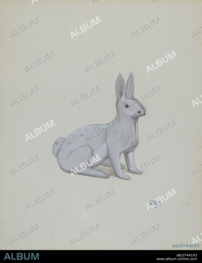 REX F. BUSH. Rabbit. Dated: c. 1936. Dimensions: overall: 27 x 21.8 cm (10 5/8 x 8 9/16 in.)  Original IAD Object: 12" high; 10 1/2" long; 5 1/4" wide. Medium: watercolor, gouache, and graphite on paperboard.