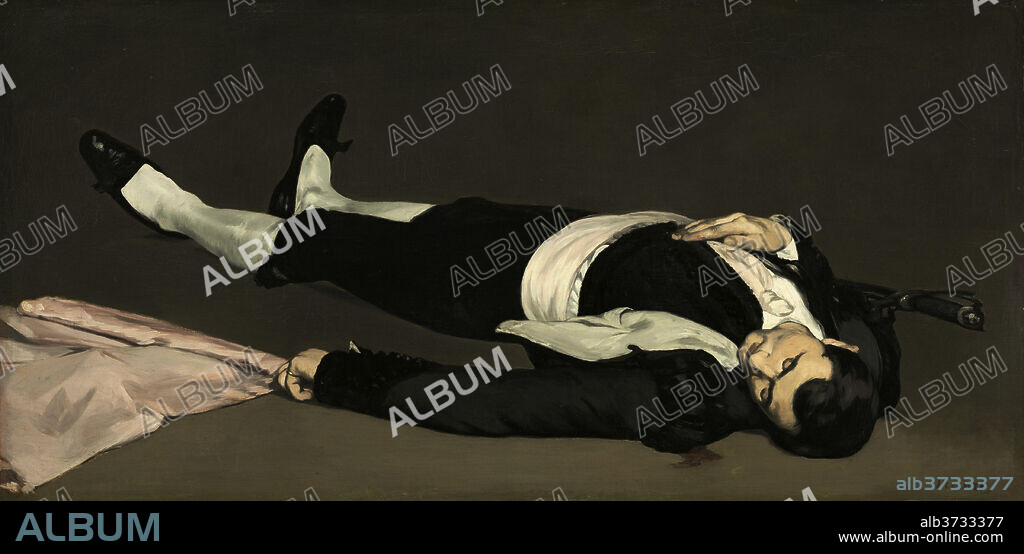 EDOUARD MANET. The Dead Toreador. Dated: probably 1864. Dimensions: overall: 75.9 x 153.3 cm (29 7/8 x 60 3/8 in.)  framed: 104.4 x 181.6 x 7.6 cm (41 1/8 x 71 1/2 x 3 in.). Medium: oil on canvas.