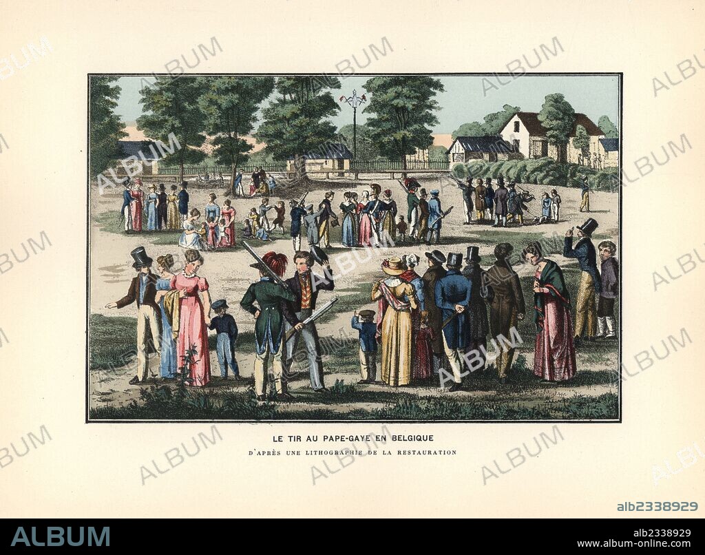The game of Popinjay in Belgium, 19th century. Men with muskets shoot at a target in a park. Handcoloured lithograph from Henry Rene Allemagne's Sports and Games of Skill (Sports et Jeux d'Adresse), Librairie Hachette, Paris, 1903.