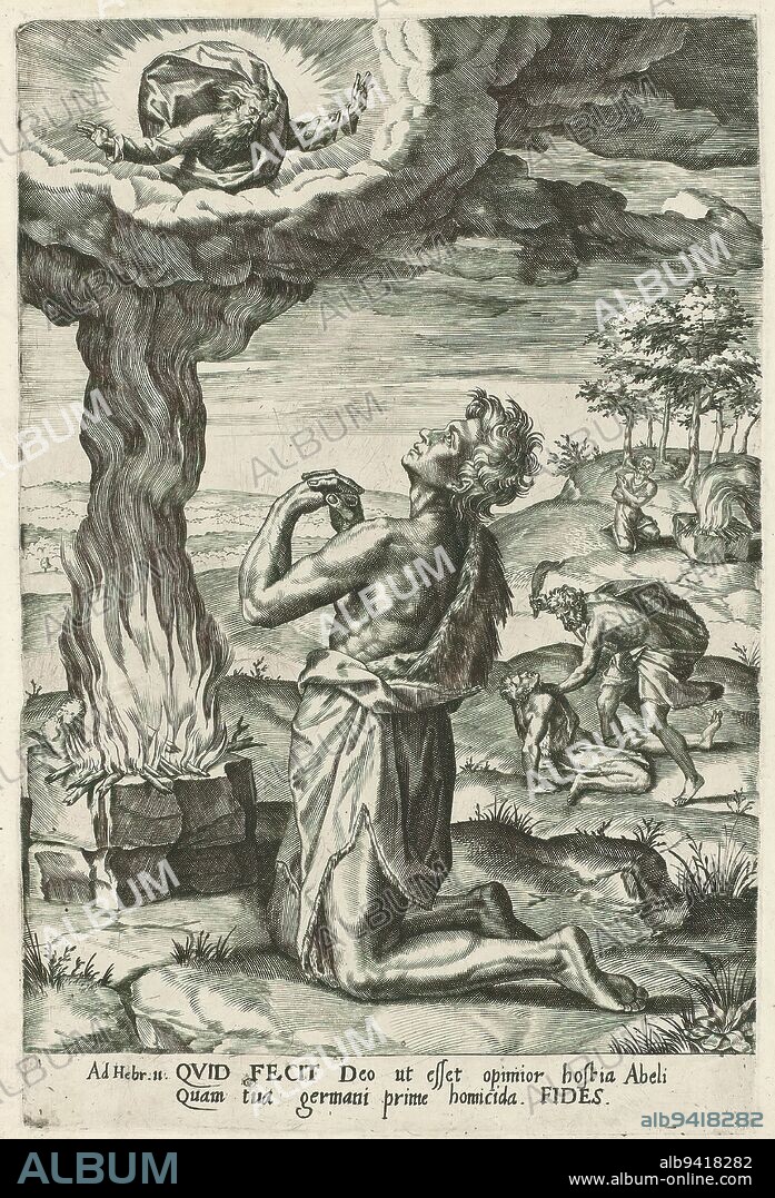 Sacrifice of Cain and Abel, The Epistle to the Hebrews chapter 11 (series title), In the foreground Abel kneels at his sacrificial altar on which lambs are offered to God. God approves of Abel's sacrifice and has appeared at the top of the cloud of smoke. Behind this, Abel is being beaten to death by Cain. In the background, Cain is kneeling at his sacrificial altar on which sheaves of wheat are being offered. The smoke goes down, the sacrifice is refused. Below the image is a two-line text in Latin, numbered left in the margin: 1. The print is part of a series of prints on the Letter to the Hebrews chapter 11., print maker: Pieter Jalhea Furnius, 1550 - 1625, paper, engraving, height 295 mm × width 195 mm.