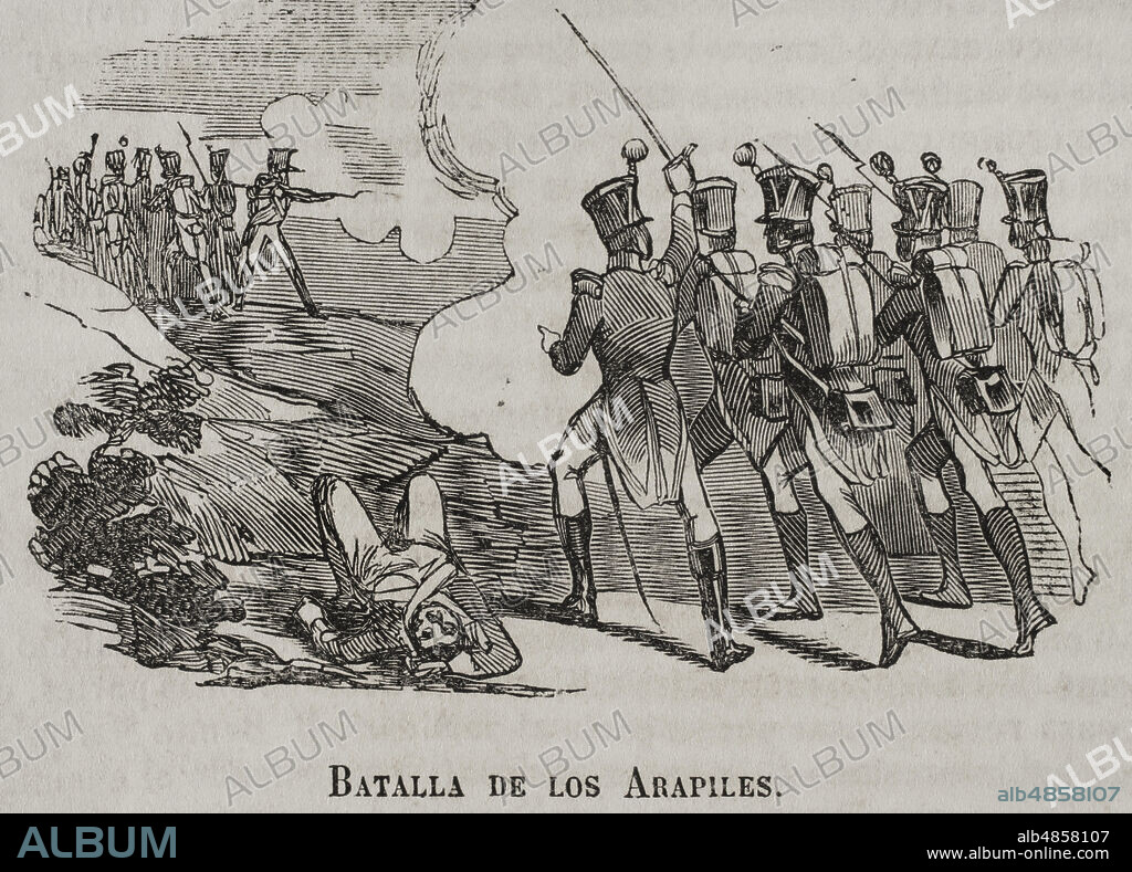 Guerra de la Independencia Española (1808-1814). Batalla de los Arapiles (22 de julio de 1812). Combate que tuvo lugar en la localidad de Arapiles, al sur de Salamanca, entre los ejércitos aliados de España, Inglaterra y Portugal, al mando del general Arthur Wellesley, primer Duque de Wellington (1769-1852), contra las tropas napoléonicas mandadas por el mariscal Marmont, las cuales salieron derrotadas. Esta derrota francesa supuso un duro golpe para las pretensiones de Napoleón de invadir Portugal, dado que impedía instalar las bases y arsenales que eran necesarios para llevar a cabo la invasión. Grabado. Historia del Levantamiento, Guerra y Revolución de España, por el Conde de Toreno. Madrid,1851.