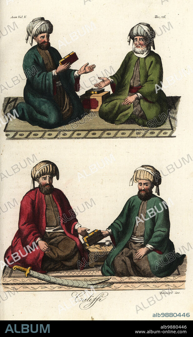 The first caliphs of the Orthodox Caliphate: Alu Bakr, Umar, Uthman and Ali, wearing turbans, reading the koran. Califfi. Handcoloured copperplate engraving by Andrea Bernieri from Giulio Ferrarios Costumes Ancient and Modern of the Peoples of the World, Il Costume Antico e Moderno, Florence, 1847.