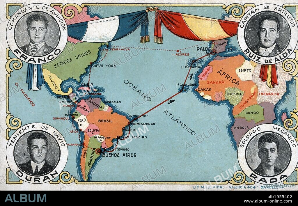 Ruta descrita por el hidroavión Plus Ultra en su travesía del océano Atlántico en enero de 1926, comandada por Ramón Franco Bahamonde (1896-1938).