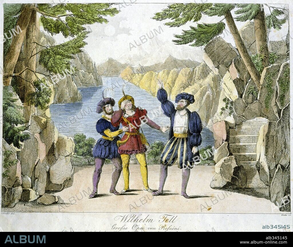 Scene from opera "William Tell" by Rossini engraving XIX century.