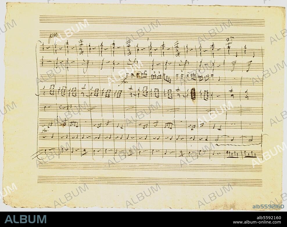 Mozart, Johann Chrysostomus Wolfgang Gottlieb, dit Wolfgang Amadeus ; compositeur autrichien ; Salzbourg 1756 - Vienne. 1791. Oeuvre : La Bataille (contredanse en do majeur pour orchestre, K. 535, 1788). Partition manuscrite du compositeur, 1re feuille, verso.