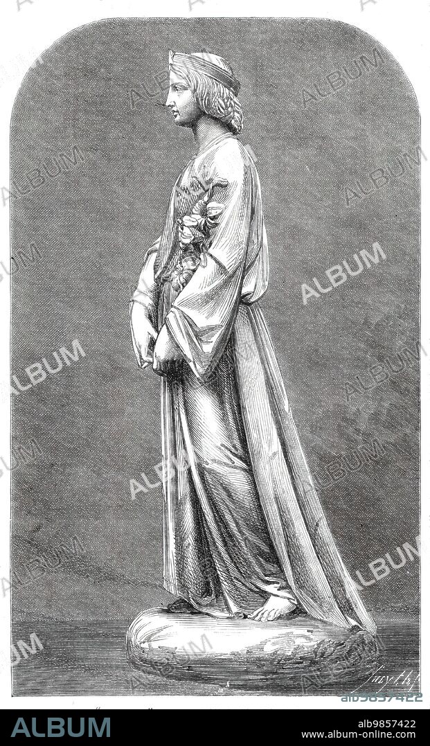 SMYTH. Sculpture: "Chastity", by J. Durham, in the Royal Academy Exhibition, 1860. '"Chastity" is here represented in a figure which, judging from the profile presented in the Engraving, has something Giottesque in the simple elegance of its outline and motive grace of its stately action, as it advances unabashed through a world of perils. The beautiful hands loosely joined before her, sustain a branch of lily - emblem of purity. The head, which is of classic form, is simply encircled with a fillet, with a bright star set in front. The drapery falls around in loose and easy folds, so displayed as just to show the onward motion without revealing the development of the outline of the figure. We remark with pleasure that this beautiful production has been selected by the prize committee of the Society for the Encouragement of the Fine Arts for the award of their prize medal in sculpture'. From "Illustrated London News", 1860.