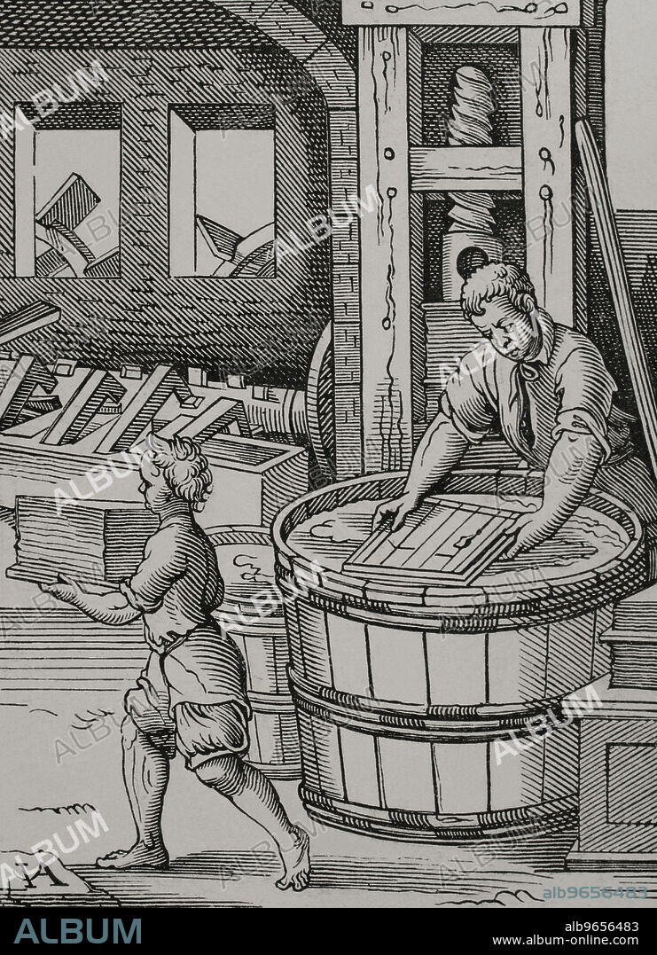 JOST AMMAN (1539-1591). SWISS-GERMAN ARTIST.. Fabricante de papel. Dibujo y grabado por Jost Amman, siglo XVI. "Les Arts au Moyen Age et a l'Epoque de la Renaissance", por Paul Lacroix. París, 1877.